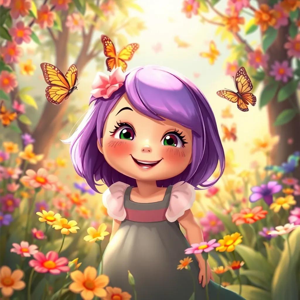 Tilly smiling in her magical garden, surrounded by happy butterflies, a beautiful scene filled with color and love, illustration, vibrant, heartwarming, high quality