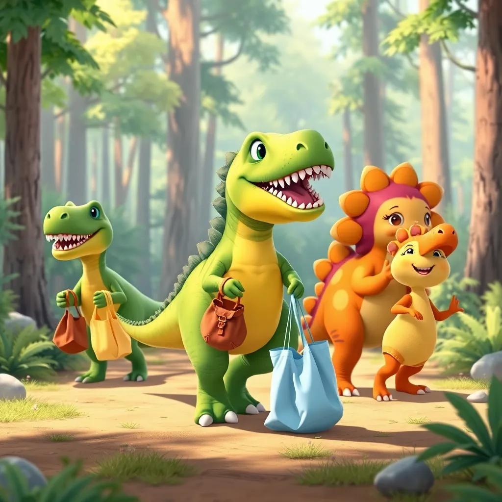 Tilly, the Tidying T-Rex, leading her friends, Benny the Brontosaurus, Sammy the Stegosaurus, and Lila the little Triceratops, all excited with bags, ready for a clean-up, in a bright forest setting, vibrant colors, friendly vibe