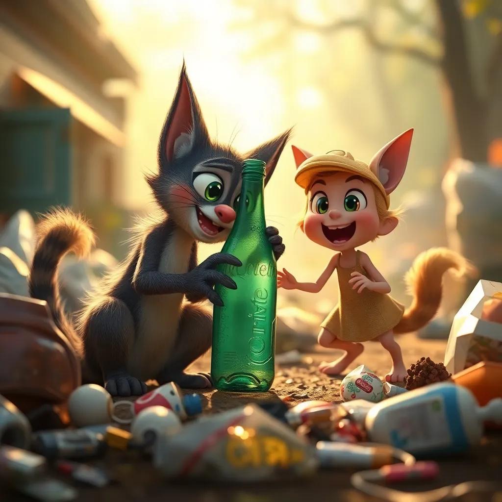 Tilly using her big claws to pick up a shiny bottle, with Lila excitedly suggesting making it a bird feeder, surrounded by trash and litter, warm light, playful scene, engaging composition