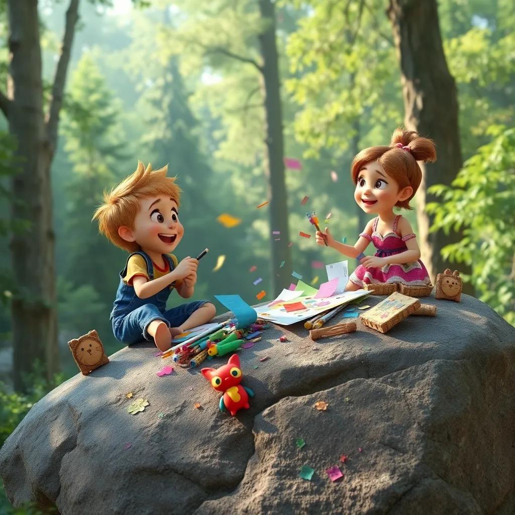 Sammy and Tilly creating art from colorful papers and old toys on a big rock, laughter in the air, forest full of life and greenery, art materials spreading out, imaginative and fun