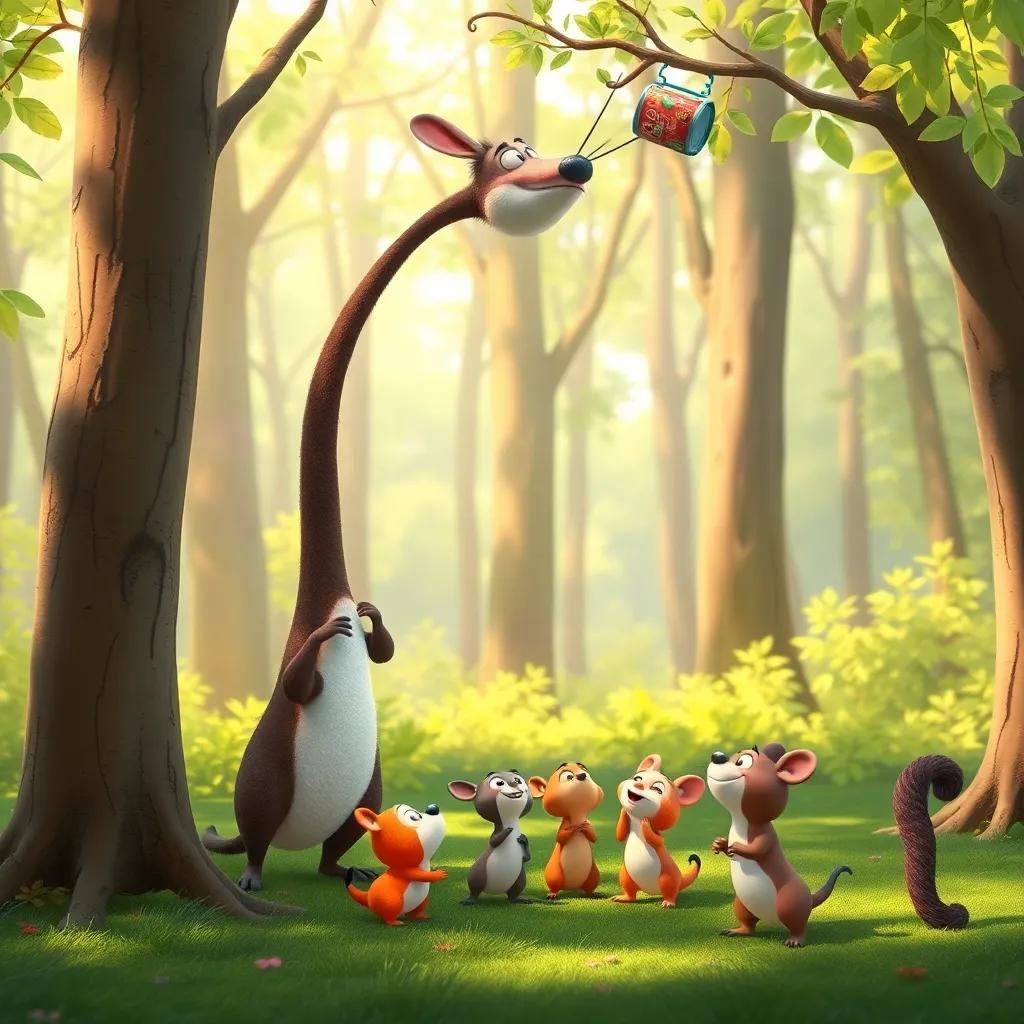 Benny using his long neck to reach cans stuck in trees while small creatures gather curiously around them, Tilly looking encouraging and inviting, bright forest background, joyful atmosphere