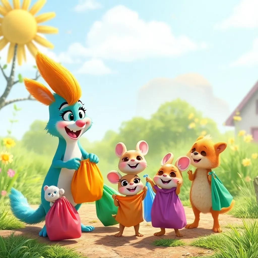 Tilly calling small creatures to join their clean-up adventure, all excited and enthusiastic, with colorful trash bags in their hands, a beautiful sunny day in a cheerful setting