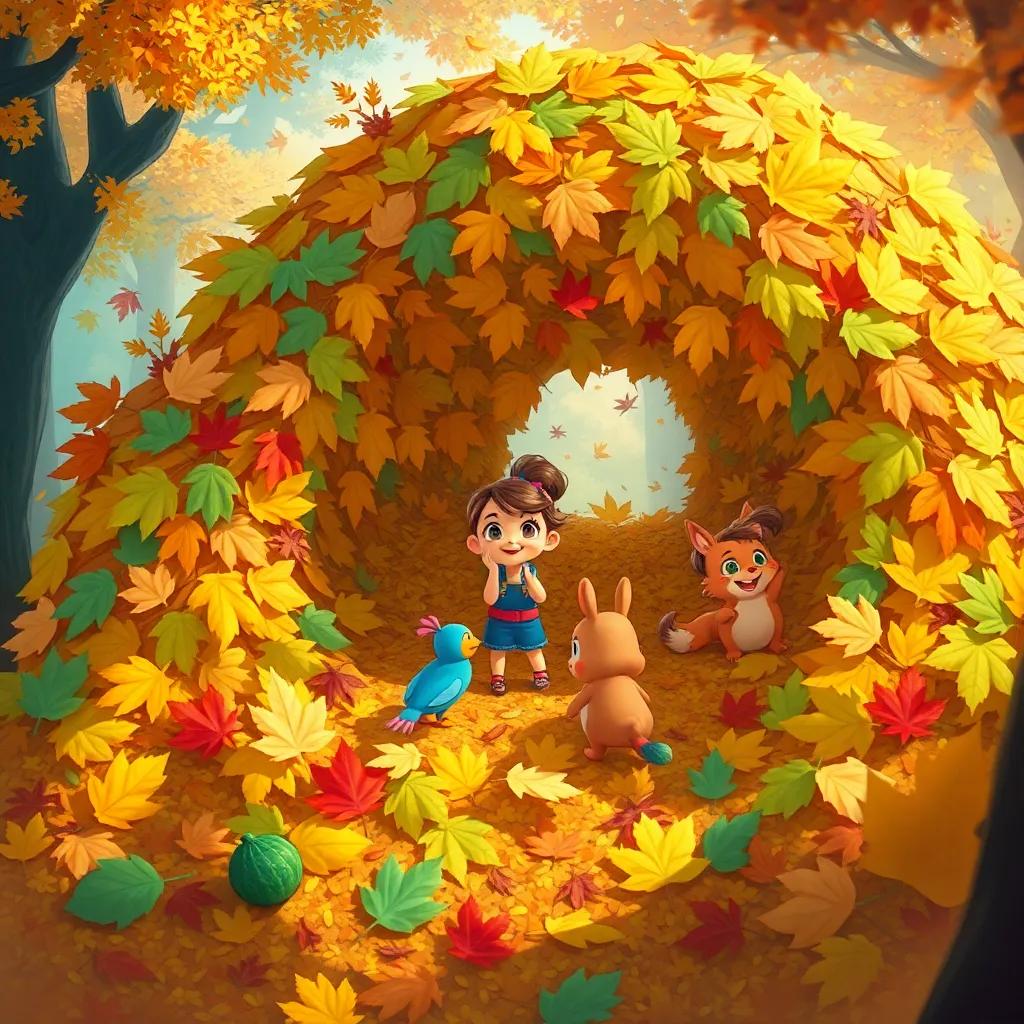 A giant pile of leaves with Tilly leading her friends to create a cozy fort, all working together happily, in a bright and colorful fall setting, magical feel, heartwarming