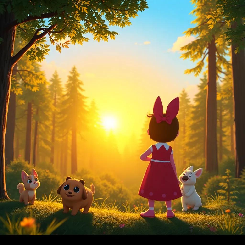 Tilly admiring the bright and clean forest at sunset, feeling proud and warm inside, with her friends cheering around her, everything looking lively and fresh, golden light