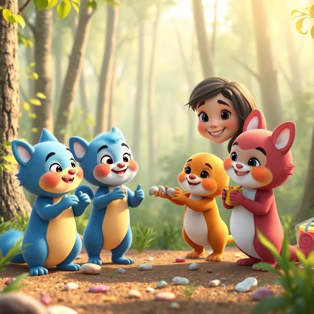 The little creatures thanking Tilly and her friends, handing them shiny pebbles as gifts in a clean and happy forest, everyone smiling and feeling accomplished, bright and cheerful