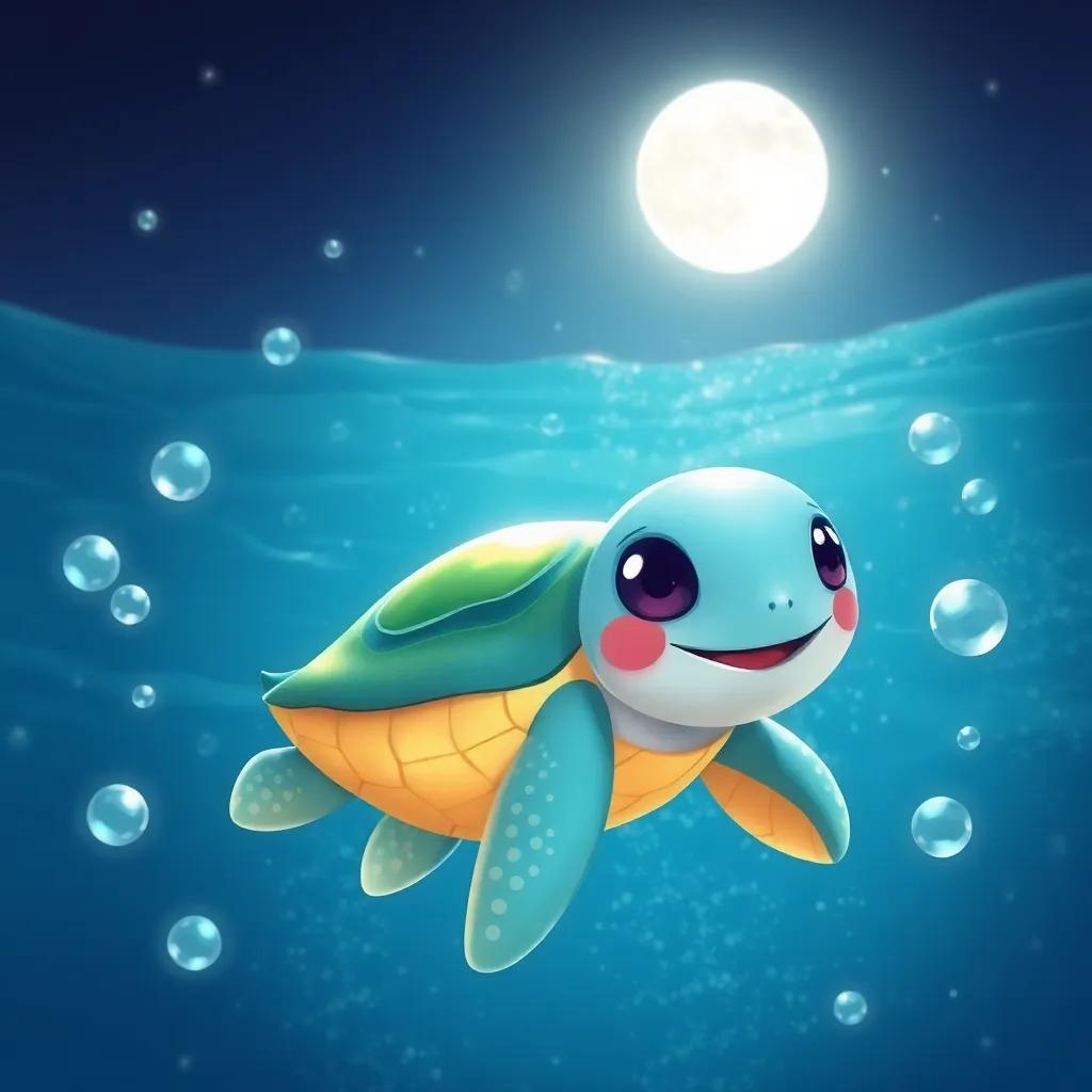 A little sea turtle named Tilo, small and curious, swimming in sparkling silver ocean water under the moonlight, playful bubbles around him, illustration, joyful, vibrant colors, enchanting atmosphere, high quality