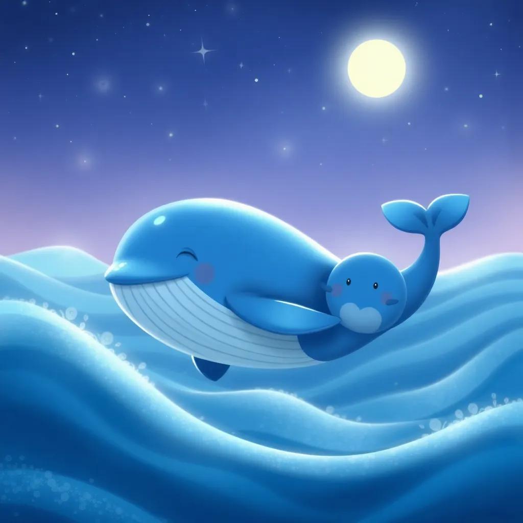 Luna the Whale, a wise and gentle whale, swimming gracefully near Tilo, singing a soft lullaby, with sparkling stars and soft waves, digital art, dreamy, tranquil colors, magical feeling, high quality