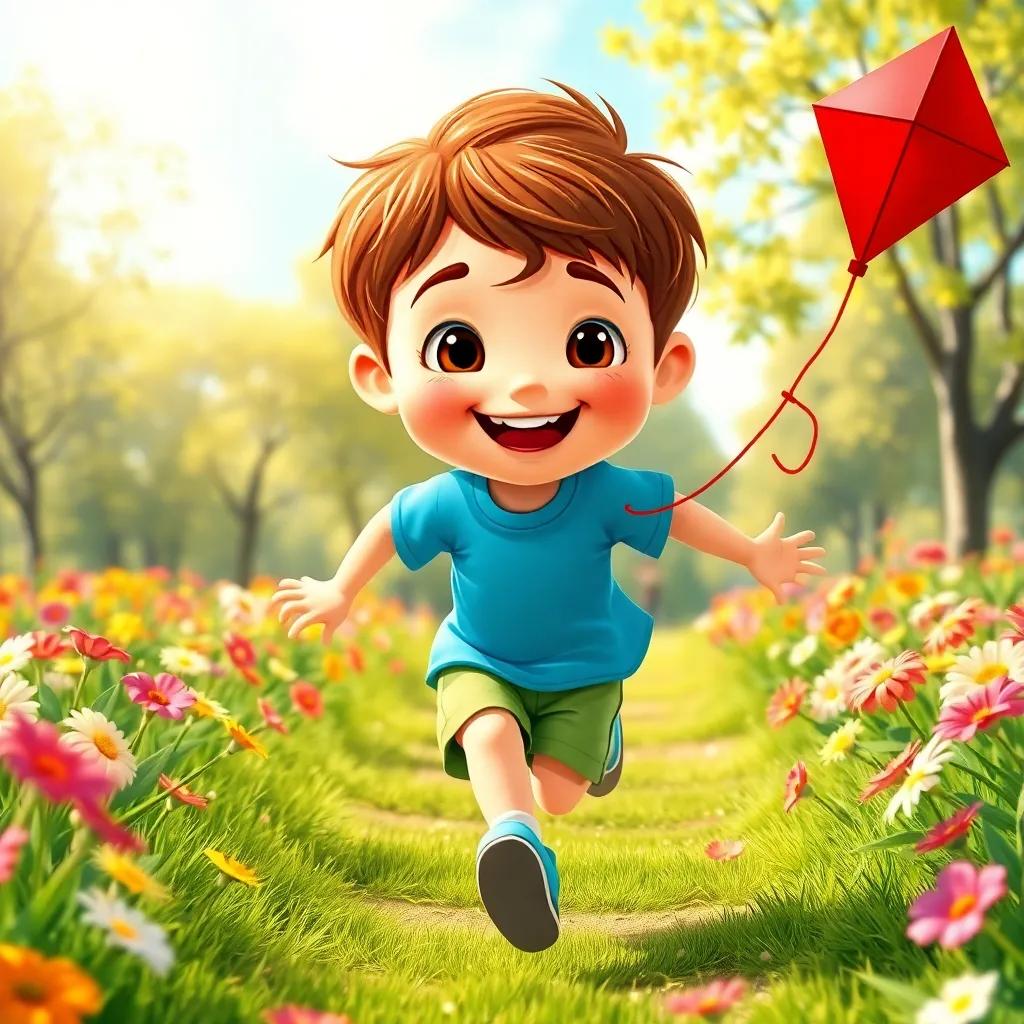 A cheerful boy named Timmy, around 5 years old, with short brown hair wearing a bright blue t-shirt and shorts, running in a sunny park with a shiny red kite, colorful flowers all around, playful scene, vibrant colors, warm sunlight, cheerful atmosphere