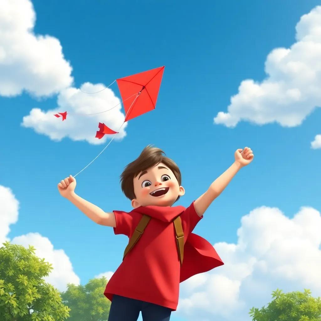 Timmy, a young boy, holding a bright red kite, soaring high above green trees while smiling joyfully, fluffy white clouds in a blue sky, digital art, whimsical style, bright and cheerful, uplifting perspective