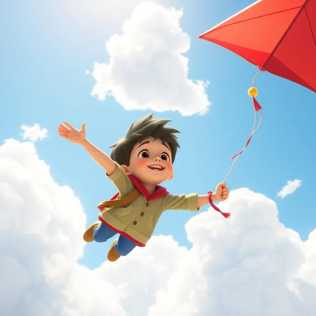 A boy named Timmy, flying in the sky with his red kite, reaching fluffy white clouds, with a look of wonder and excitement, surrounded by sunlight and playful wind, pastel colors, light and airy, dreamy atmosphere