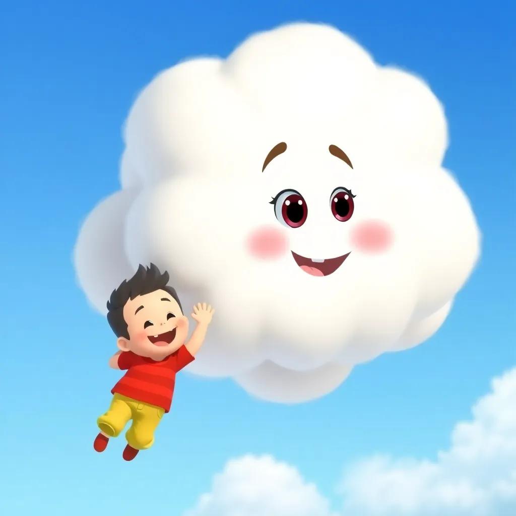 A fluffy white cloud, Cumulus, with a friendly face, waving at Timmy who is floating nearby, joyfully playing together in a bright blue sky, colorful and cheerful, cartoonish style, inviting feel