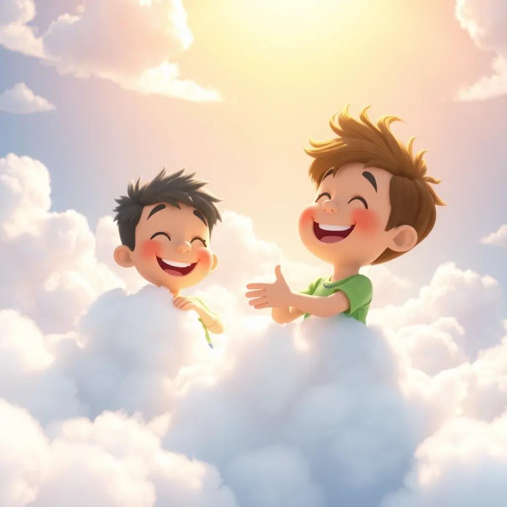 Timmy and Cumulus, happily playing hide-and-seek among the clouds, bright and fluffy clouds around them, lots of laughter, warm sunlight filtering through, fun and lighthearted scene, imaginative and playful