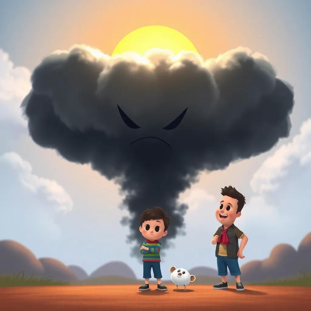 A dark cloud with a frown, trying to overshadow the sun, while Timmy and Cumulus face it bravely, bright colors contrasting with the dark gray cloud, dramatic yet playful setting