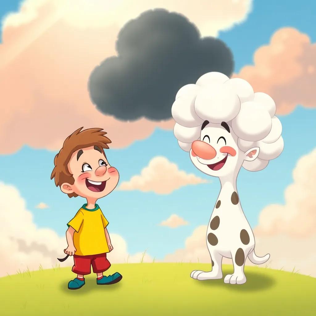 Timmy and Cumulus making funny faces at the dark cloud, creating a playful scene in the sky, lots of laughter, colorful and joyful atmosphere, whimsical style, lighthearted fun