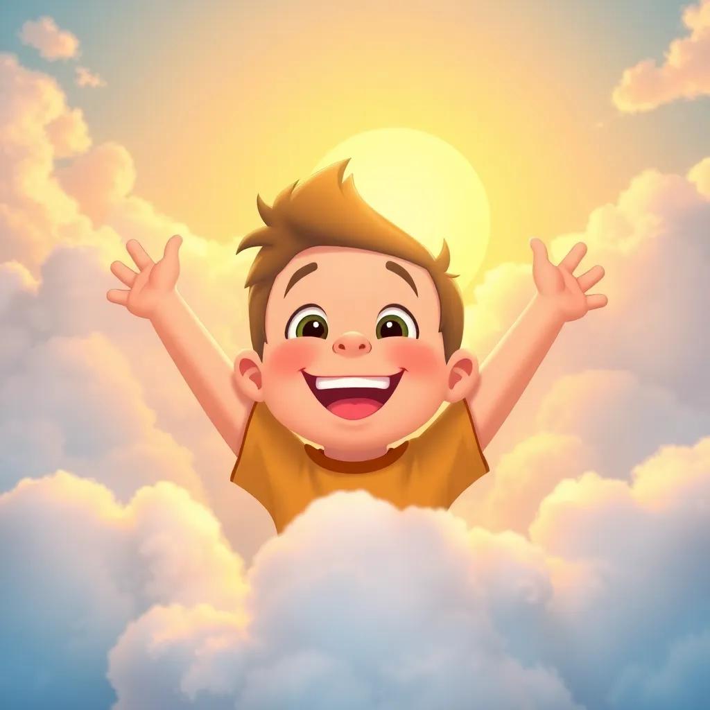 Timmy celebrating after overcoming fear, surrounded by fluffy clouds and sunshine, smiling brightly and feeling proud, warm colors, uplifting and joyful vibe, inspirational scene