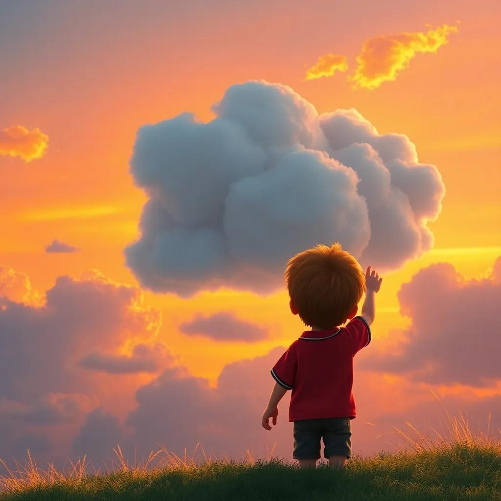 Timmy looking back at the sky, waving goodbye to Cumulus, the friendly cloud, filled with hope and excitement for future adventures, warm and inviting scene, vibrant sunset colors