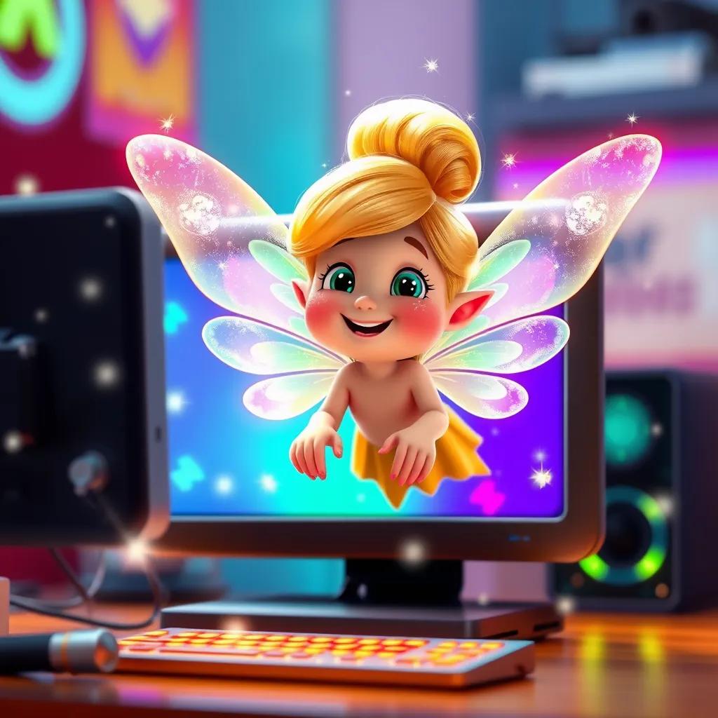 A friendly computer fairy, with sparkling wings and a glowing smile, appearing on a colorful computer screen, surrounded by bright lights, digital art, magical vibe, cheerful environment, high quality