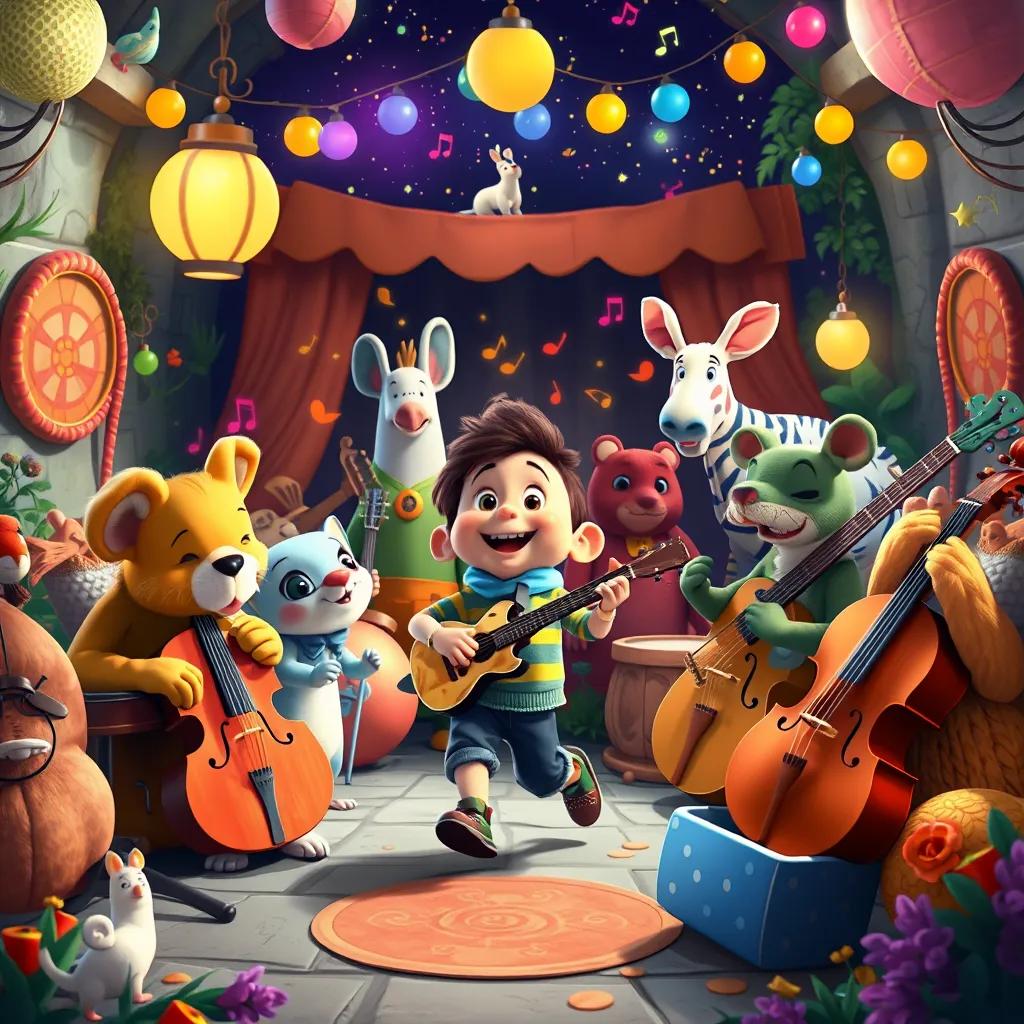 Animals playing instruments in a magical music land, with Timmy dancing among them, colorful and whimsical, lively scene, digital art, joyful environment, high quality