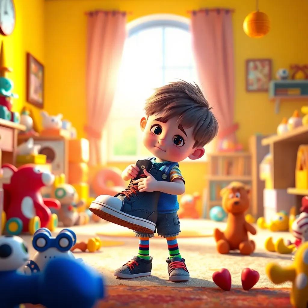 Timmy, a lonely boy with short brown hair, wearing mismatched shoes and colorful socks, looking disappointed while holding an oversized shoe, in a bright room filled with toys, magical light, cheerful, engaging, warm tones, high quality
