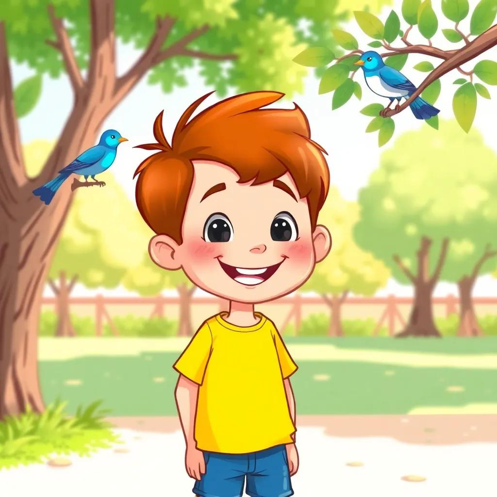 A cheerful boy, Timmy, around 5 years old, with short brown hair, wearing a bright yellow t-shirt and blue shorts, standing in a sunny park, smiling at a bluebird on a tree branch, digital art, vibrant colors, joyful atmosphere, high quality