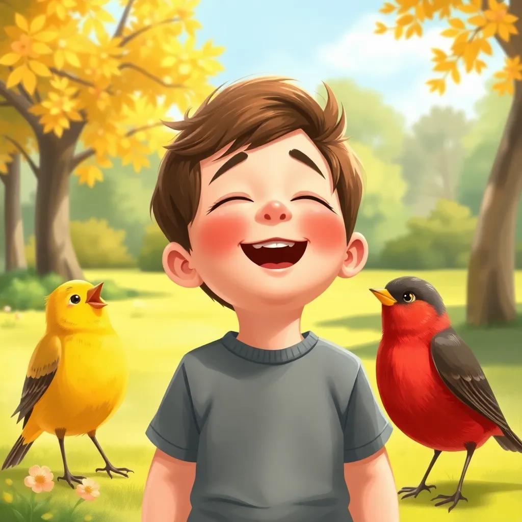 Timmy singing happily with his eyes closed, surrounded by colorful birds: a yellow canary and a red robin, all in a sunny park, detailed digital painting, warm colors, happy vibe, quality image