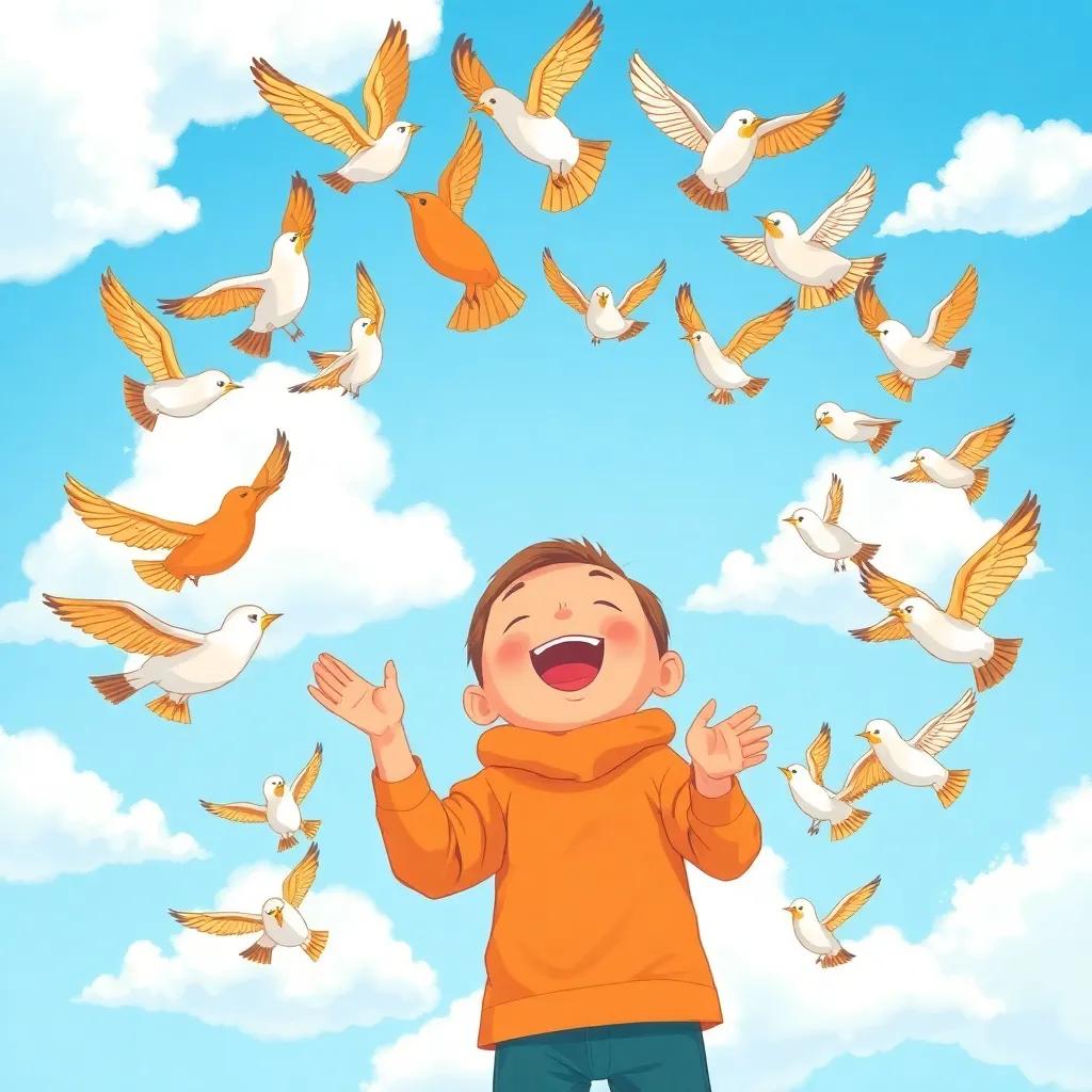 Many birds flying around Timmy, creating a beautiful circle in the sky, bright blue sky with fluffy white clouds, Timmy clapping and laughing joyfully, colorful, cheerful setting, high quality