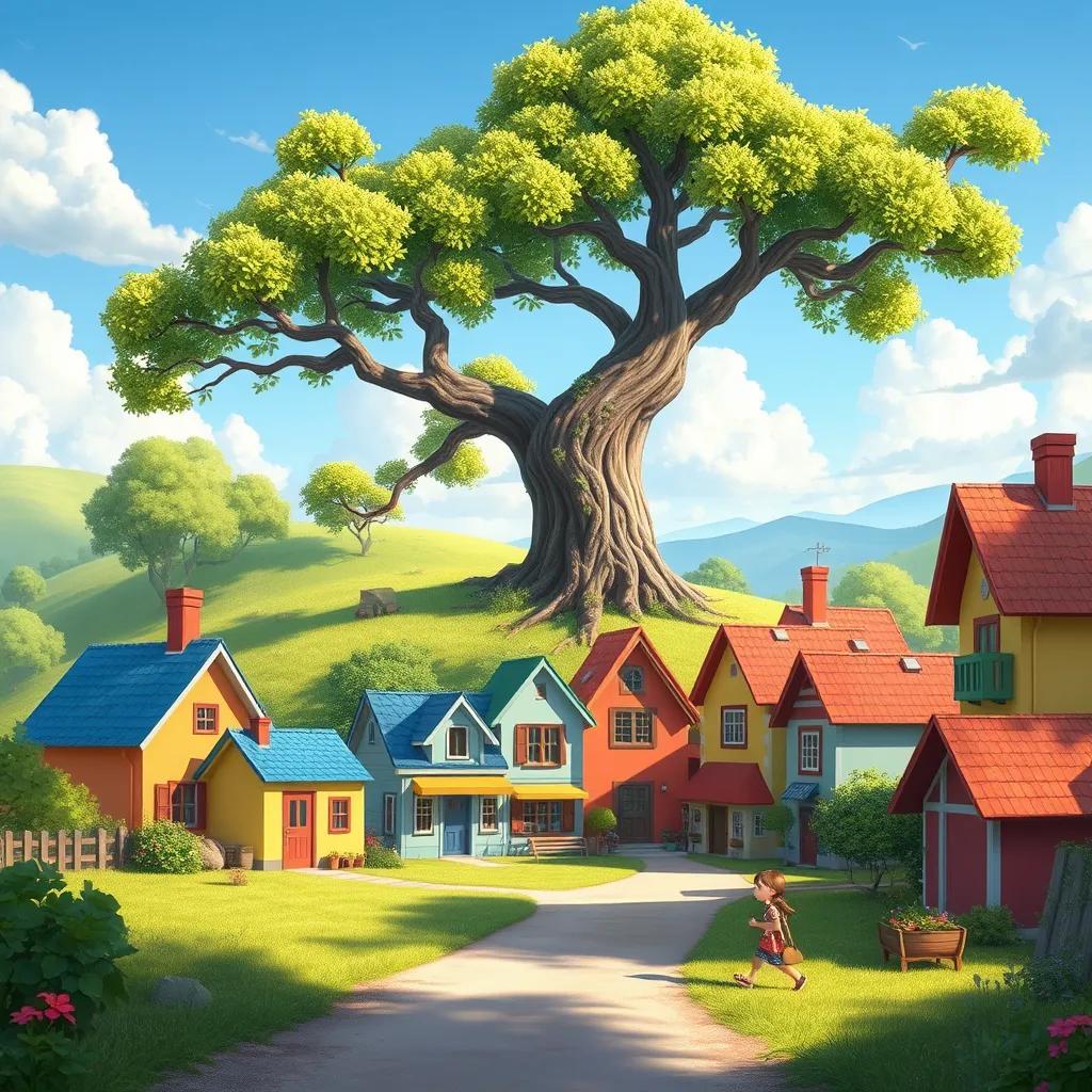 A small village with colorful houses, a big tree at the edge of the village with green leaves touching the sky, children playing happily around, sunny day, cheerful atmosphere, bright colors, illustration, high quality