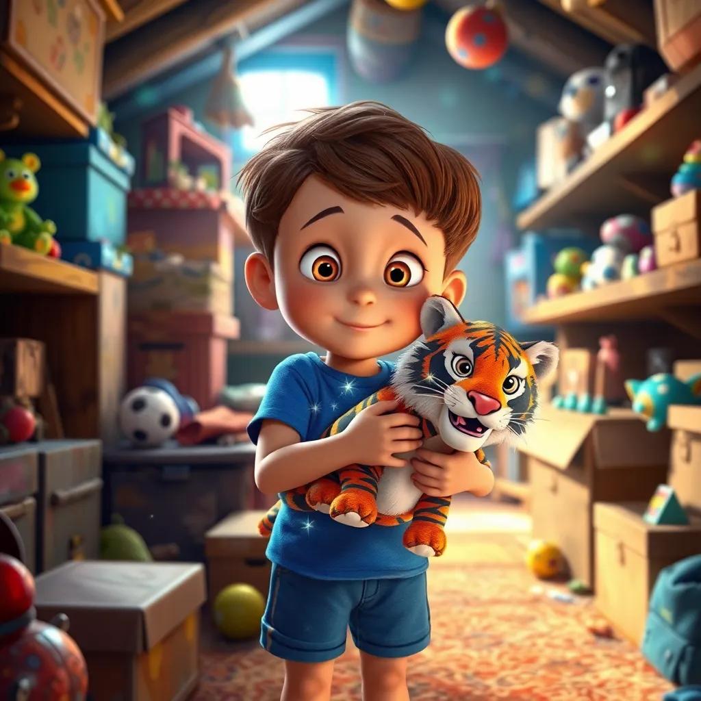 A curious young boy, Timmy, with short brown hair and wearing a blue t-shirt and shorts, holding a sparkling toy tiger in his attic filled with old toys and boxes, the atmosphere is bright and mystical, bright light, colorful sparkles, inviting and warm, high-quality