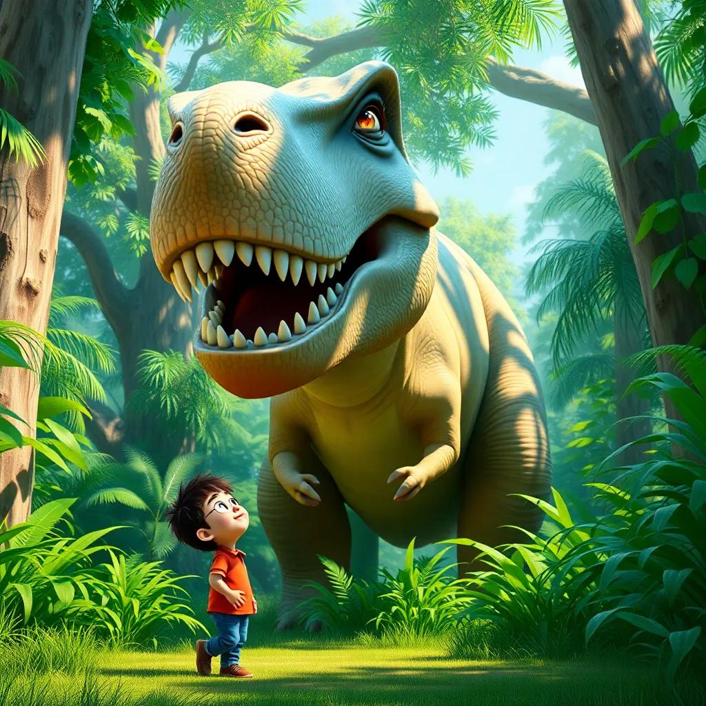 Timmy standing in a lush, green jungle, looking up at a giant T-Rex with a friendly expression, surrounded by enormous trees and vibrant foliage, digital art, cheerful, vivid colors, engaging perspective, high quality