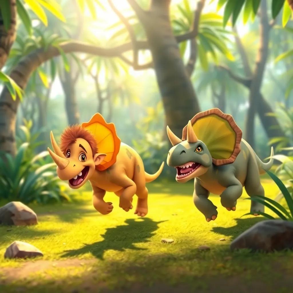 Timmy chasing playful triceratops in the jungle, one with three horns, laughing joyfully, bright sunlight filtering through the trees, cartoonish style, vibrant colors, friendly and fun atmosphere, high quality