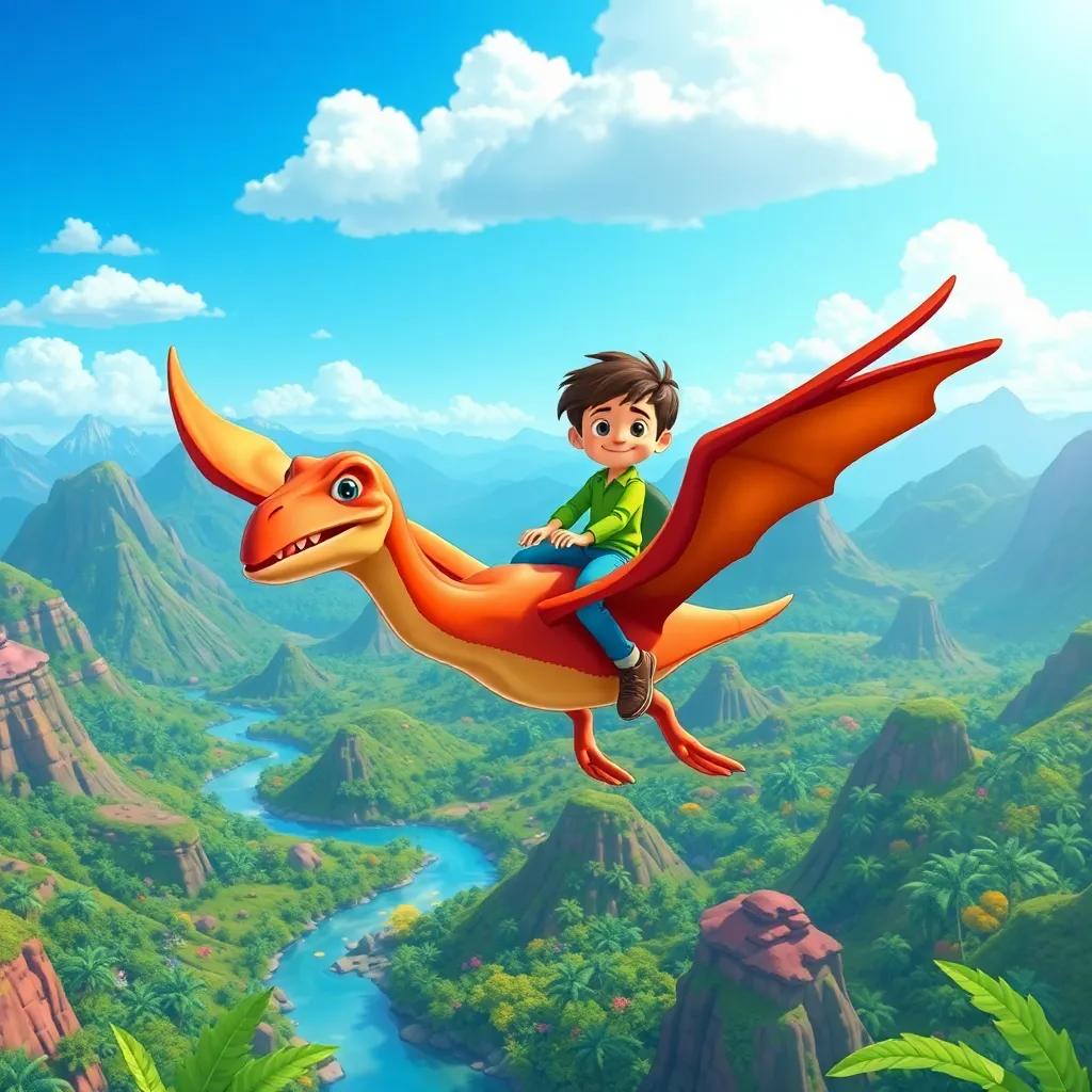 Timmy riding a pterodactyl named Pete flying high above a colorful jungle landscape, mountains and rivers visible in the background, bright blue sky with fluffy clouds, whimsical illustration, adventure-filled, lively colors, high quality