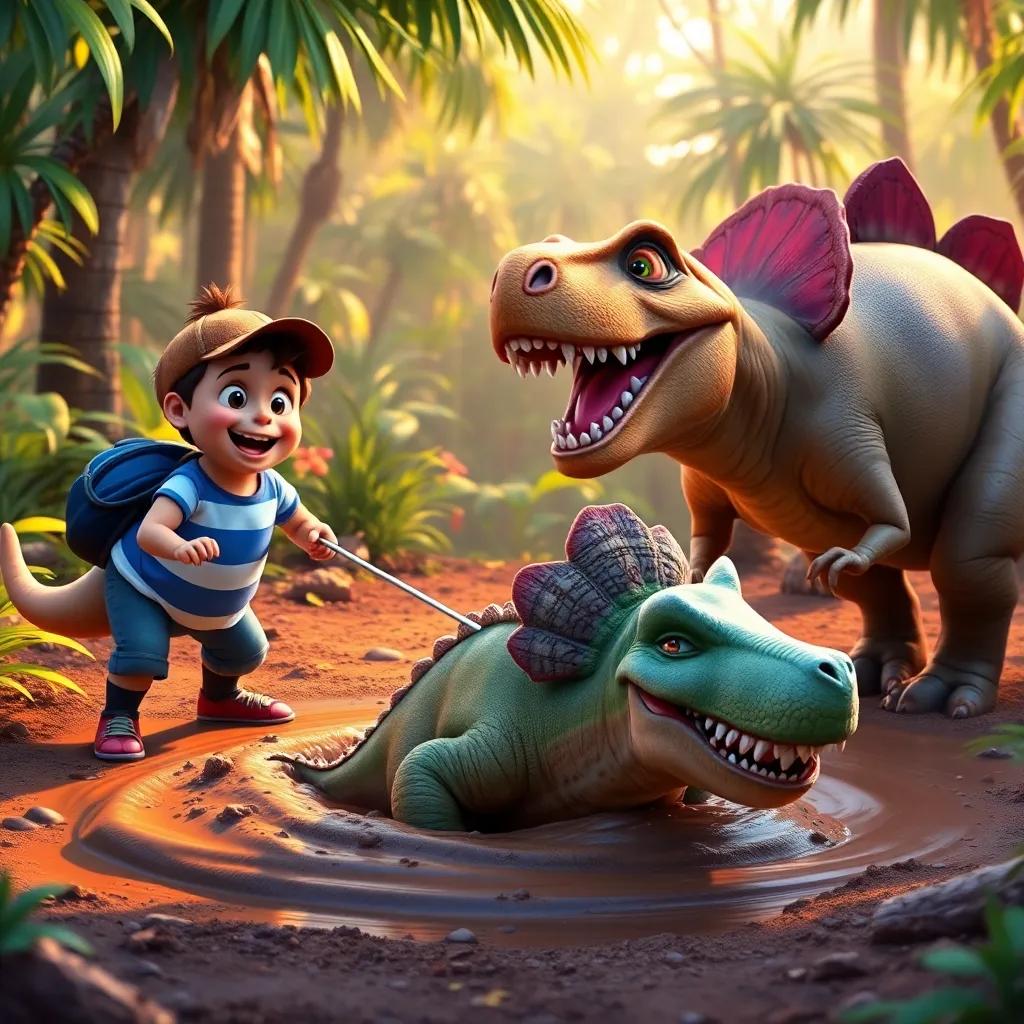 Timmy, T-Rex, and triceratops rescuing a little stegosaurus stuck in mud, working together in a vibrant jungle setting, smiles and laughter all around, warm light, unity and teamwork theme, vivid and cheerful, high quality