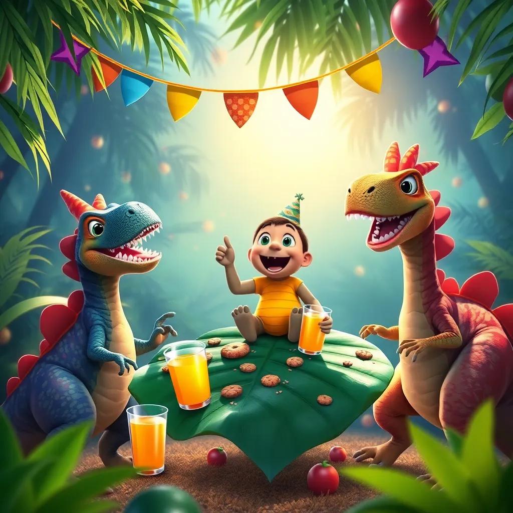 Dinosaurs and Timmy celebrating a party in the jungle, with cookies and juice on a big leaf, dancing under the sunlight, festive and cheerful atmosphere, colorful decorations, joyful expressions, high quality
