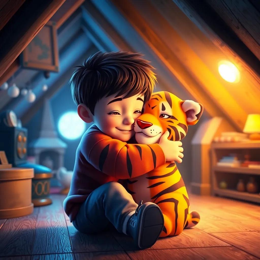 Timmy hugging his magical toy tiger in the attic, a bright glow surrounding them, feeling warmth and happiness, cozy and inviting space, soft light, nostalgic atmosphere, high quality