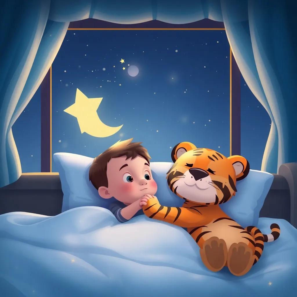 Timmy dreaming in his bed, with the toy tiger beside him, night sky with stars visible through the window, peaceful and hopeful feeling, sweet and gentle colors, dreamlike quality, high quality