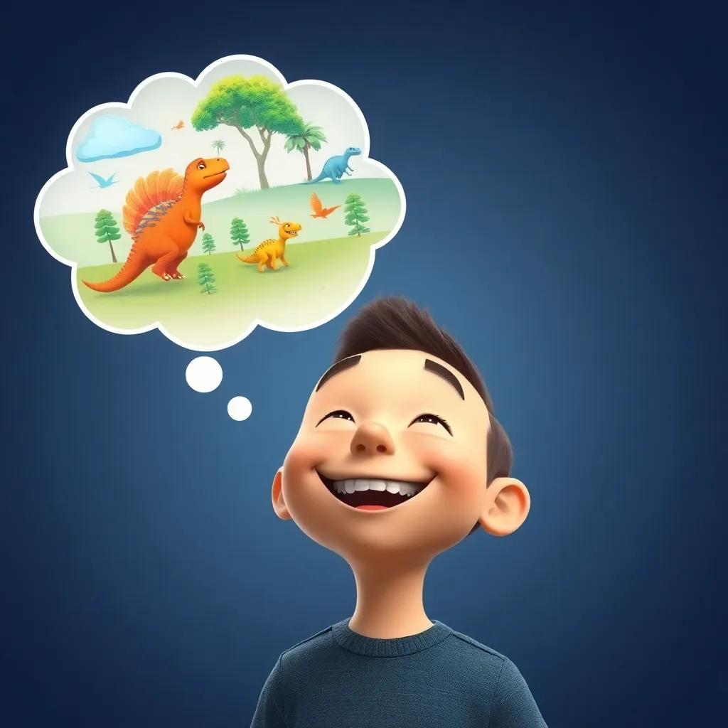 Timmy, with a smile on his face, imagining new dinosaur adventures, a colorful thought bubble around his head showing dinosaurs, trees, and laughter, creative and fun representation, high quality