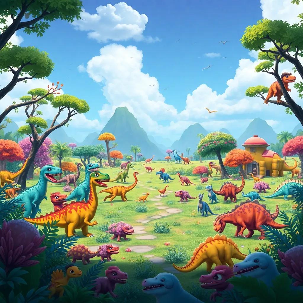 A view of a vibrant dinosaur world filled with different types of dinosaurs playing and having fun, colorful trees and landscapes, cheerful atmosphere, imaginative and whimsical art style, high quality