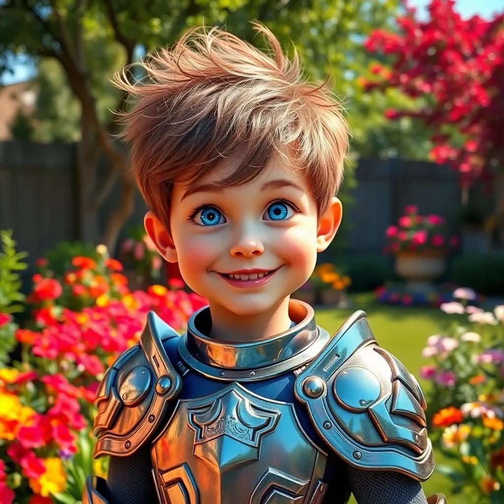A cheerful boy, Timmy, with bright blue eyes and messy brown hair, wearing shiny toy armor, standing in a colorful backyard with flowers and trees, digital art, vibrant colors, sunny atmosphere, high quality