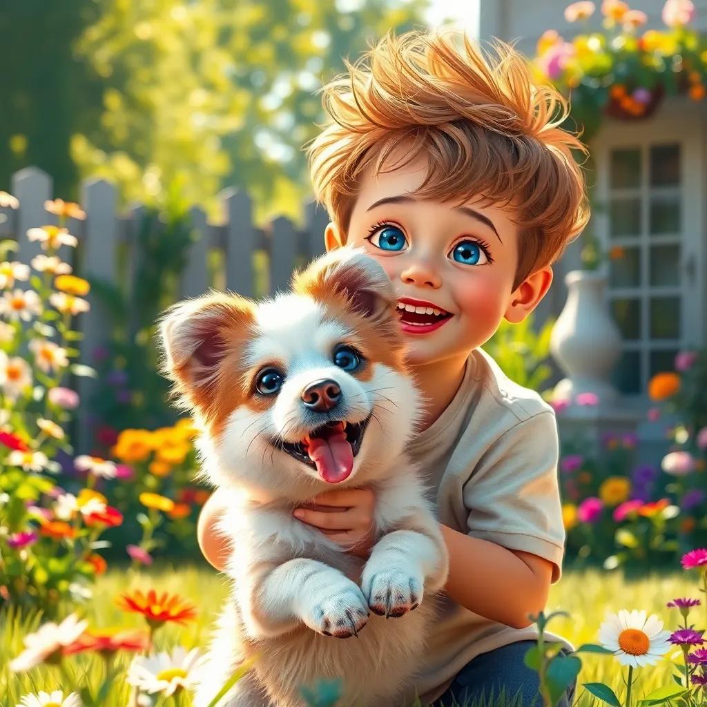 Timmy, a cheerful boy with bright blue eyes and messy brown hair, playing with a fluffy little dog, Max, in a sunny backyard filled with flowers, cheerful artwork, warm light, playful scene, high detail