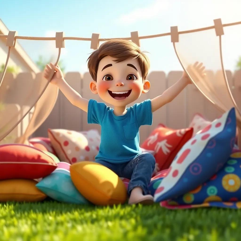Timmy, a cheerful boy with short brown hair, wearing a bright blue t-shirt and jeans, excitedly building a cozy den surrounded by pillows and colorful blankets in his backyard, bright sunny day, vivid colors, cheerful atmosphere, childhood joy, well-composed, high quality