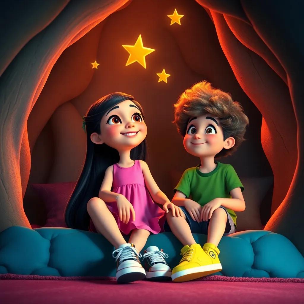 Mia, a lively girl with long black hair, wearing a pink dress and colorful sneakers, and Sam, a boy with curly blonde hair in a green t-shirt, sitting inside Timmy's den, gazing up at make-believe stars, rich vibrant colors, enchanting atmosphere, creative imagery, high quality