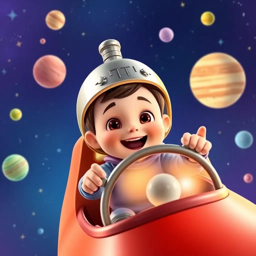 Timmy, dressed as Captain Tim with a makeshift silver helmet and a bowl, joyfully steering a spaceship with Mia and Sam by his side, in a colorful starry space setting with planets and moons, bright and imaginative colors, whimsical, child-friendly design, high quality