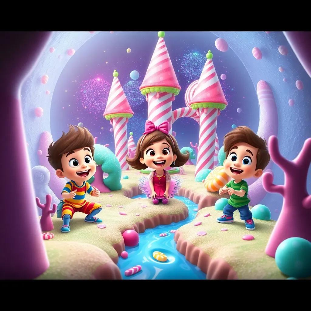 Timmy, Mia, and Sam building a candy kingdom in space with candy trees and a chocolate river, all looking thrilled and imaginative, bright colors, sweet, joyful atmosphere, great perspective, high quality