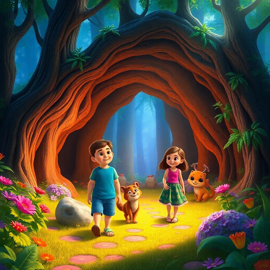 The den transformed into a magical forest with rainbow flowers and talking animals, Timmy leading Mia and Sam, all in awe of their wonderfully created forest, magical and colorful scenery, enchanting view, vibrant details, high quality