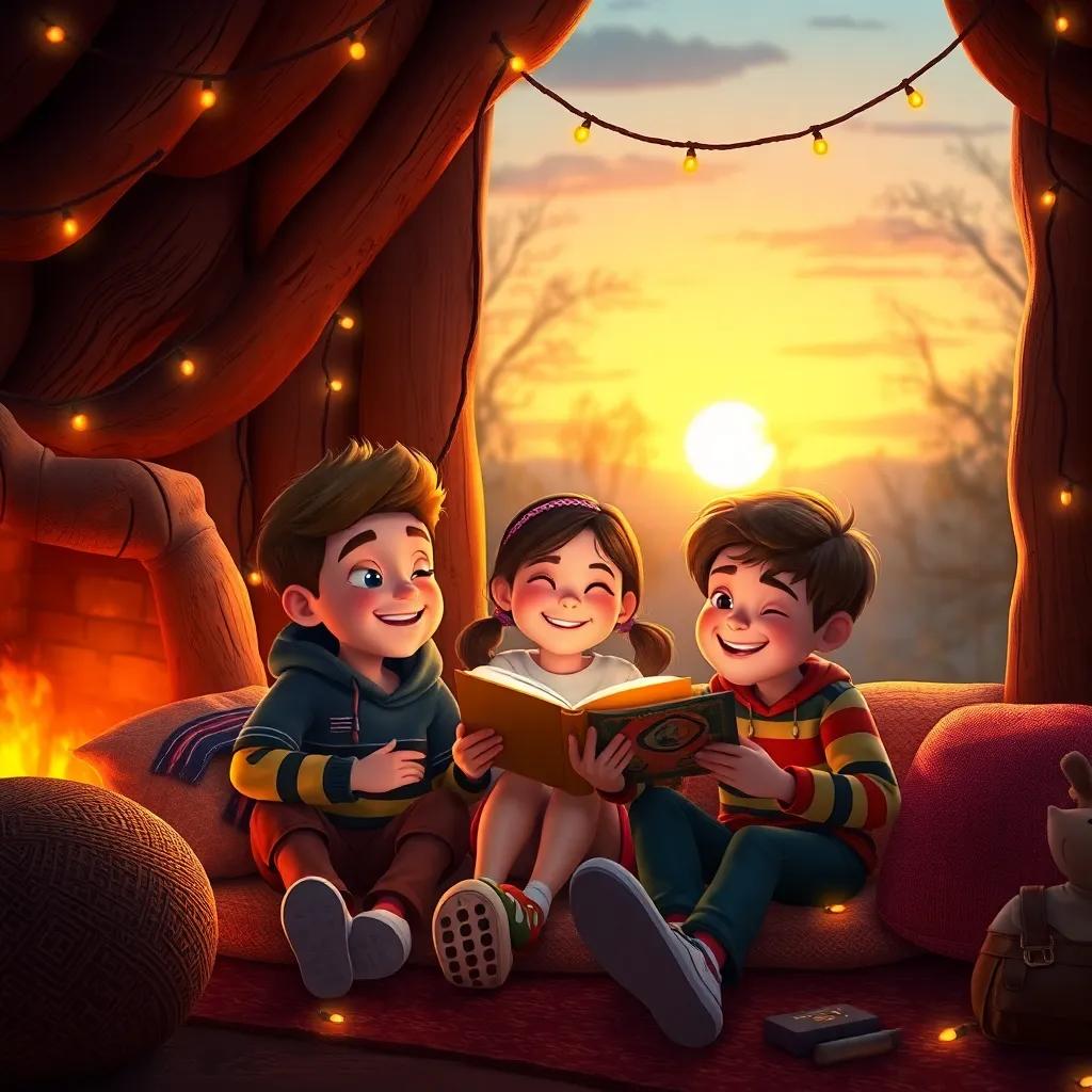 Timmy, Mia, and Sam, sitting cozily in the den filled with twinkling lights, sharing stories and laughing as the sun sets outside, warm golden light, inviting atmosphere, beautiful expressions, nostalgic, high quality