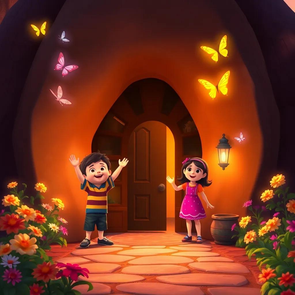 The den’s exterior with Timmy, Mia, and Sam waving goodbye, surrounded by fluttering butterflies and blooming flowers, warm sunset colors, cheerful ambiance, capturing the essence of childhood friendship, high quality