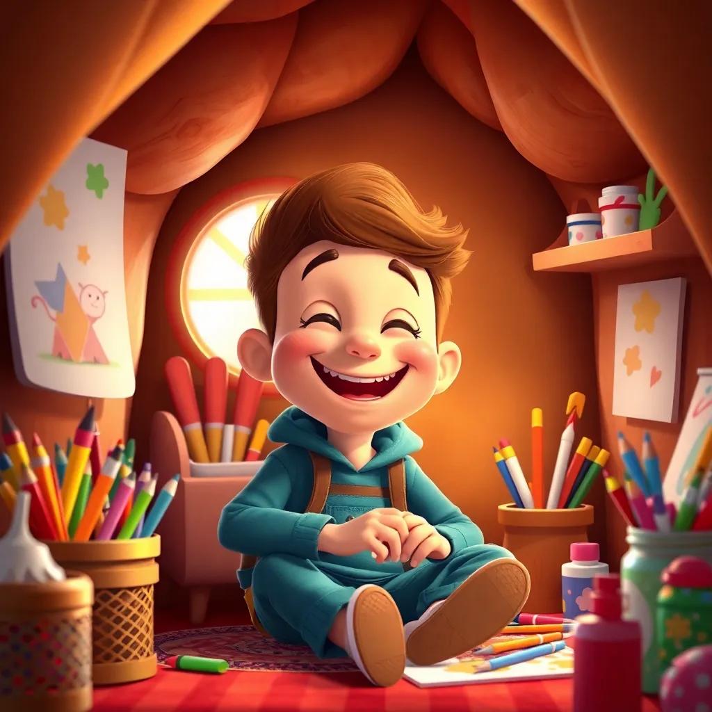 Timmy, happy and inspired, inside his den with colorful art supplies, planning the next adventure with his friends, creative and vibrant environment, child-friendly design, high quality