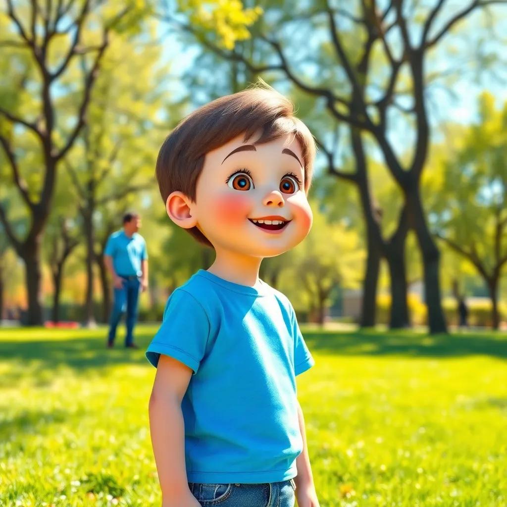 A young boy, Timmy, with short brown hair, wearing a bright blue t-shirt and jeans, standing in a sunny park with green grass and trees, looking amazed at a friendly man from the future, digital art, cheerful colors, bright and inviting atmosphere, high quality