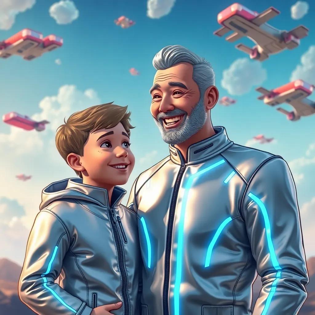 A friendly man from the future, in a shiny silver suit with glowing blue lines, smiling as he talks to Timmy, surrounded by imaginary flying cars in the sky above, illustration, vibrant colors, whimsical and fun, fantasy view