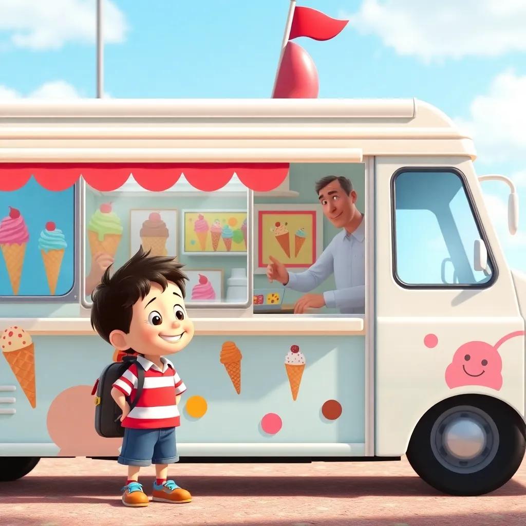 An ice cream truck with bright pictures of cones and sundaes, Timmy with a big smile talking to Mr. Scoops, a friendly man in a white hat, colorful and inviting, sunny day